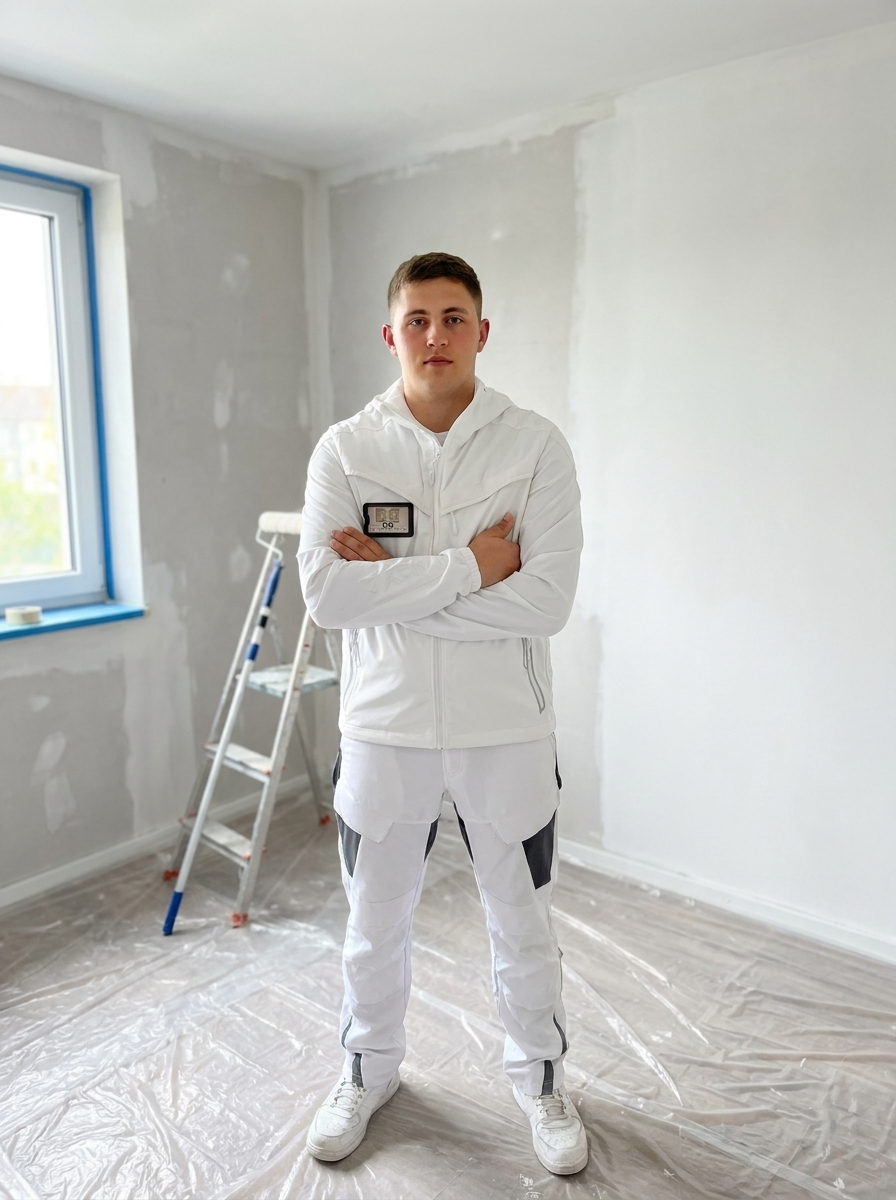 Dmytro Chorniatynskyi, Inhaber von DC Innenausbau, bei Spachtelarbeiten in Köln