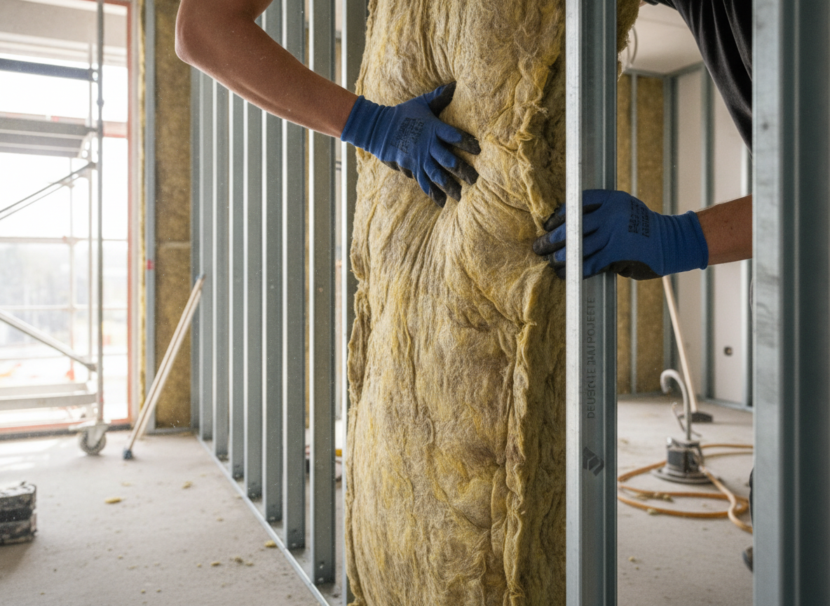 Einbau von Dämmwolle für Schallschutz in einer Trockenbauwand
