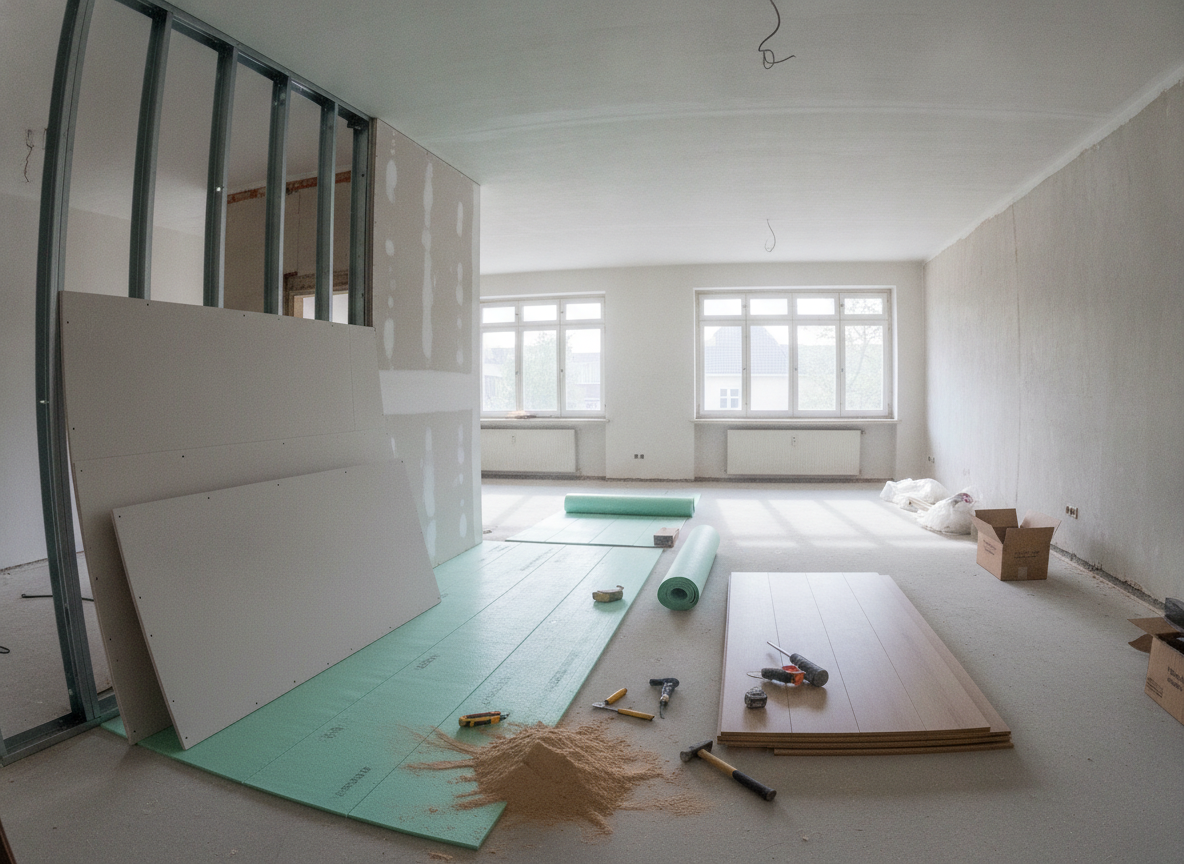 Trockenbau- und Bodenarbeiten in einer Kölner Wohnung während der Ausführung